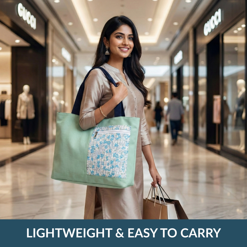 Mint Meadow Canvas Tote Bag With Pouch