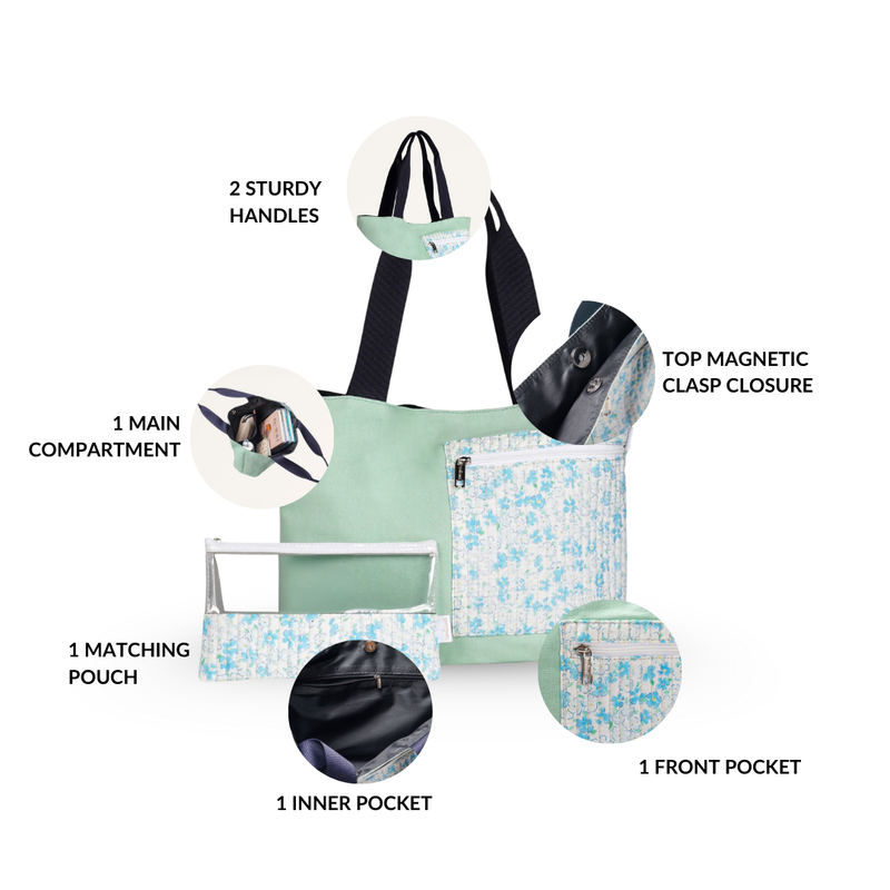 Mint Meadow Canvas Tote Bag With Pouch