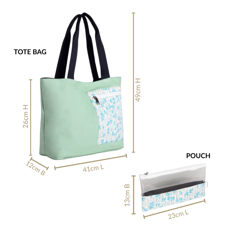 Mint Meadow Canvas Tote Bag With Pouch