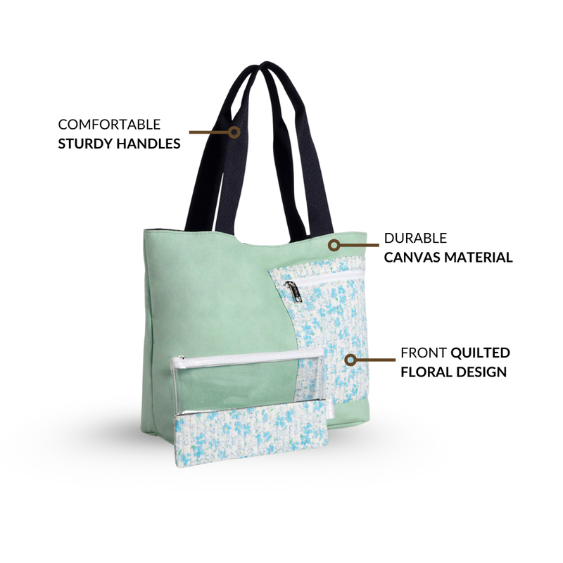 Mint Meadow Canvas Tote Bag With Pouch