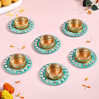 Set Of 6 Firozi Tea Light Holders With Mirrorwork