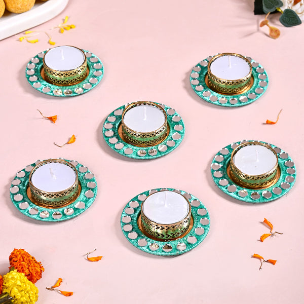 Set Of 6 Firozi Tea Light Holders With Mirrorwork