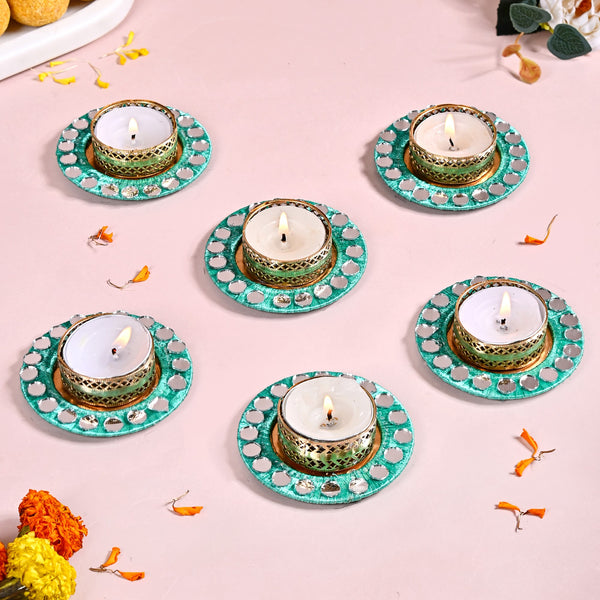 Set Of 6 Firozi Tea Light Holders With Mirrorwork