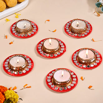 Set Of 6 Mirror Art Red Tea Light Holders