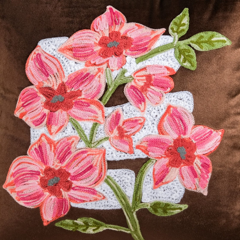 Mocha Blossom Embroidered Velvet Cushion Cover 40x40cm