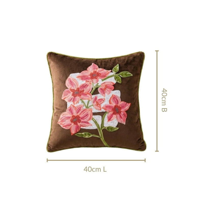 Mocha Blossom Embroidered Velvet Cushion Cover 40x40cm