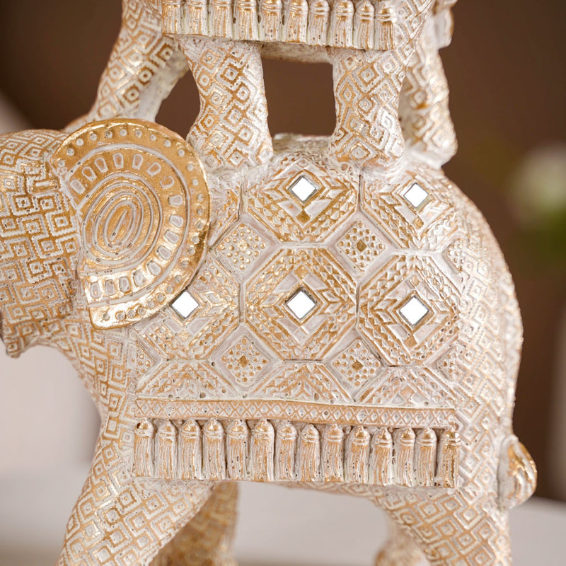 Elephant Family Pyramid With Mirrorwork White- Mirrorwork Decor, White Elephant Figurine, Decorative Elephant Pyramid, Elephant Family Sculpture