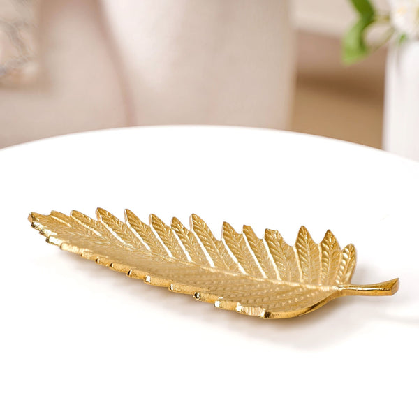 Golden Fern Leaf Metal Tray With Handle Set Of 2