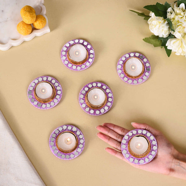 Lavender Tealight Holders With Mirror Decoration Set Of 6