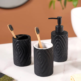 Matte Tree Ring Design Bath Set Of 3 Black