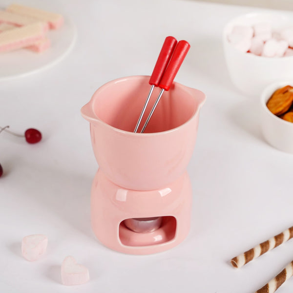 Pink Ceramic Fondue Set With 2 Dipping Skewers