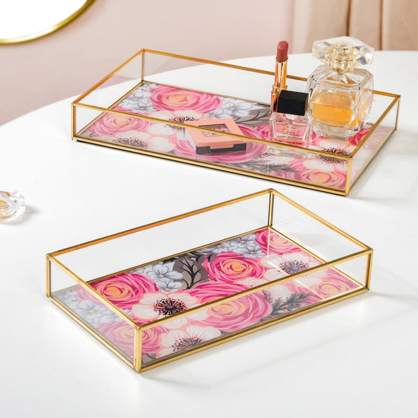 Printed Glass Decorative Trays With Gold Edge Set Of 2