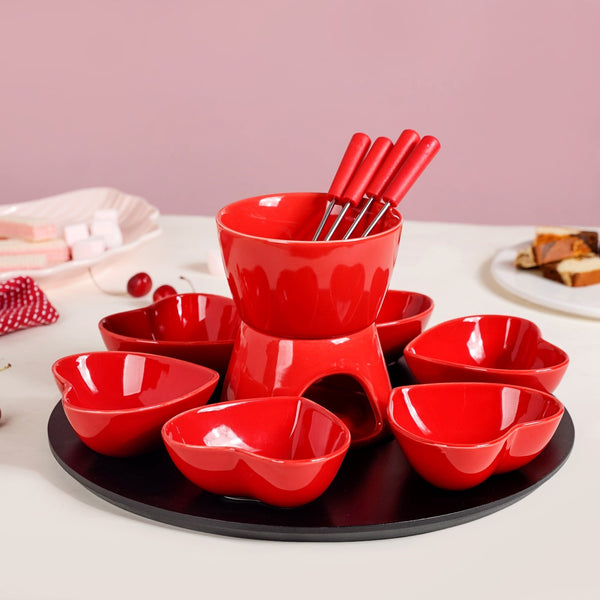 Red Heart Ceramic Fondue Set