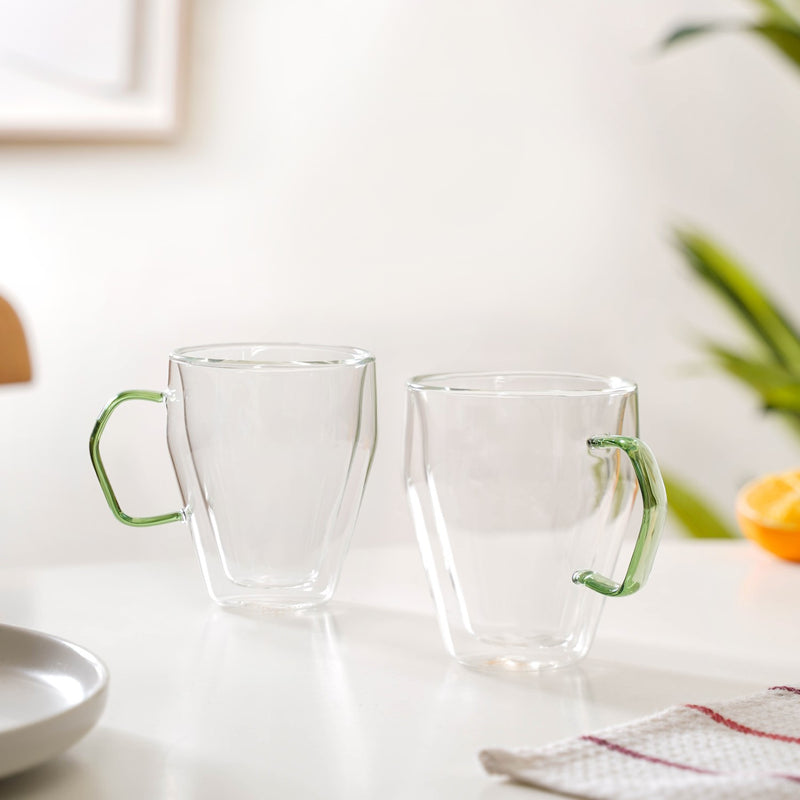 Set Of 2 Transparent Glass Mugs With Green Handle 250ml