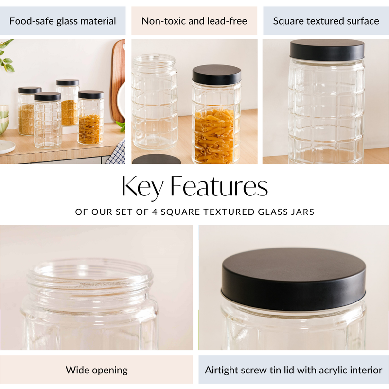 Set Of 4 Square Textured Glass Jars With Lid 1900ml