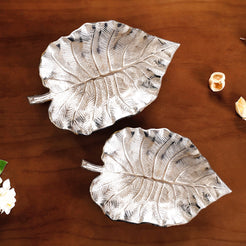 Silver Colocasia Leaf Metal Tray Set Of 2