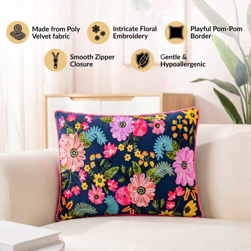 Moonlit Floral Velvet Embroidered Cushion Cover 50x35cm