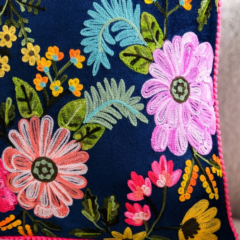 Moonlit Floral Velvet Embroidered Cushion Cover 50x35cm