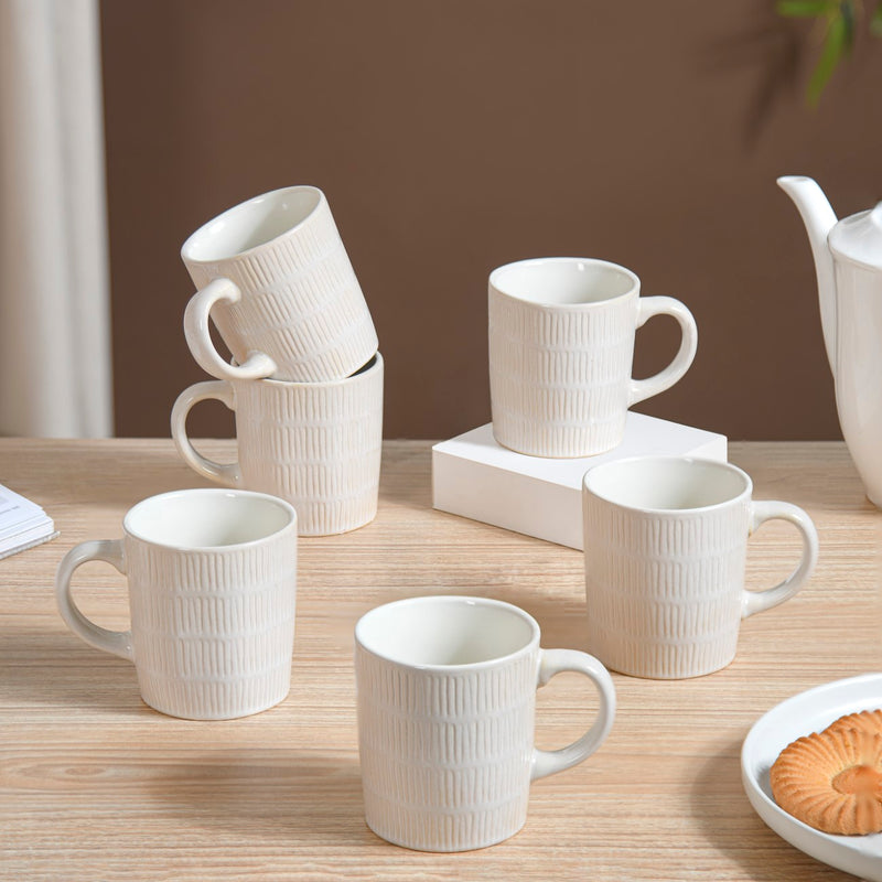 White Ribbed Coffee Mug Set Of 6 220ml - Tea cups, tea cup set, coffee cups, ceramic cups, ceramic tea cups, coffee mugs, white coffee mugs