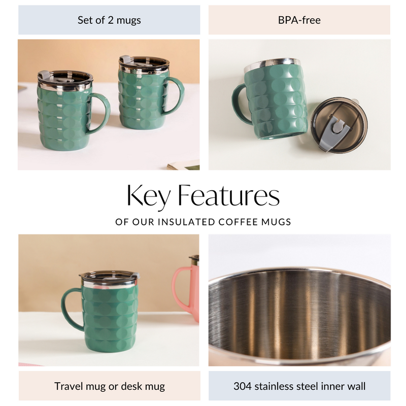 Coffee Mug With Lid Set Of 2 Green 400ml - Travel mug, travel mug with lid, coffee mug, insulated mug, travel coffee mug, travel coffee mug with lid
