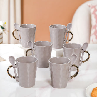 Spoon Holder Coffee Mug Set Of 6 With Spoons Grey 350ml - Coffee mugs, ceramic mug set, coffee mug set, coffee mug with spoon