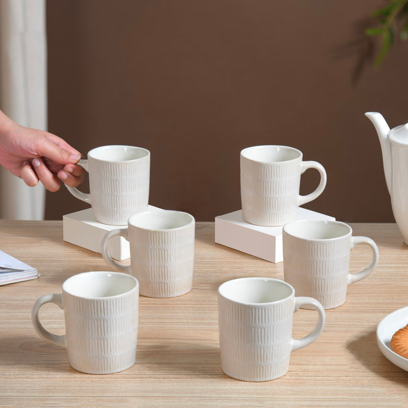 White Ribbed Coffee Mug Set Of 6 220ml - Tea cups, tea cup set, coffee cups, ceramic cups, ceramic tea cups, coffee mugs, white coffee mugs