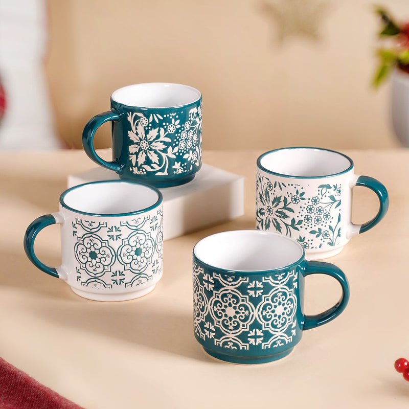 Stackable Coffee Cups With Stand Green Set of 4 240ml - Tea cups, tea cup set, coffee cups, ceramic cups, ceramic tea cups, stackable mugs