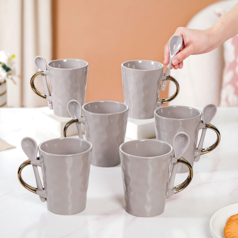 Spoon Holder Coffee Mug Set Of 6 With Spoons Grey 350ml - Coffee mugs, ceramic mug set, coffee mug set, coffee mug with spoon