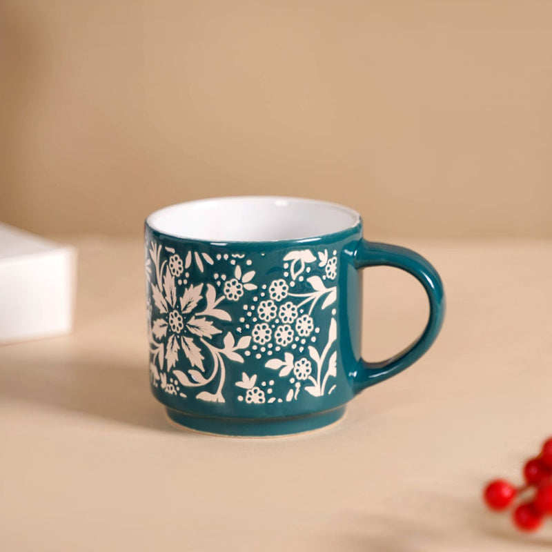 Stackable Coffee Cups With Stand Green Set of 4 240ml - Tea cups, tea cup set, coffee cups, ceramic cups, ceramic tea cups, stackable mugs