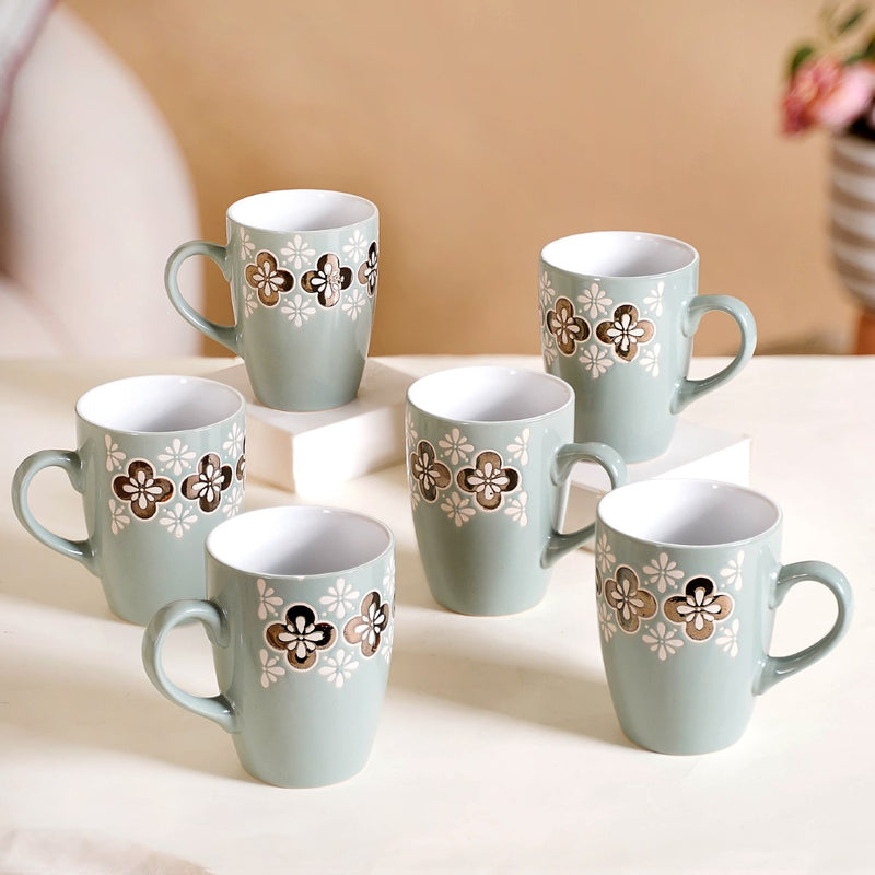 Bronze Flowers Sage Blue Coffee Mug Set Of 6 350ml - Coffee mugs, ceramic mug set, coffee mug set
