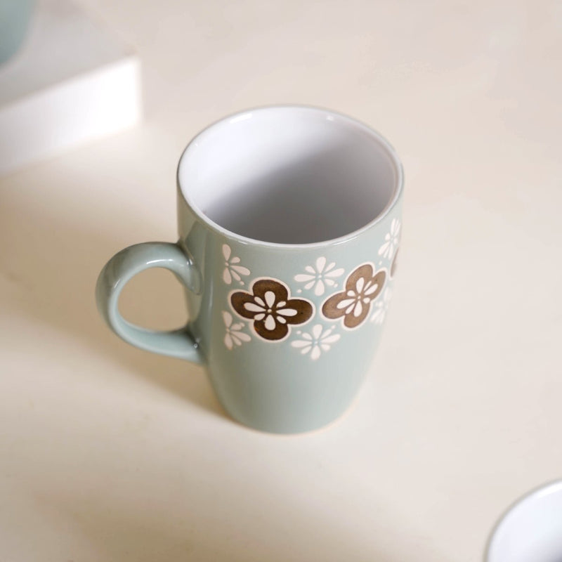 Bronze Flowers Sage Blue Coffee Mug Set Of 6 350ml - Coffee mugs, ceramic mug set, coffee mug set