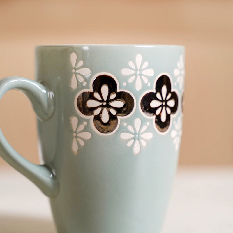 Bronze Flowers Sage Blue Coffee Mug Set Of 6 350ml - Coffee mugs, ceramic mug set, coffee mug set