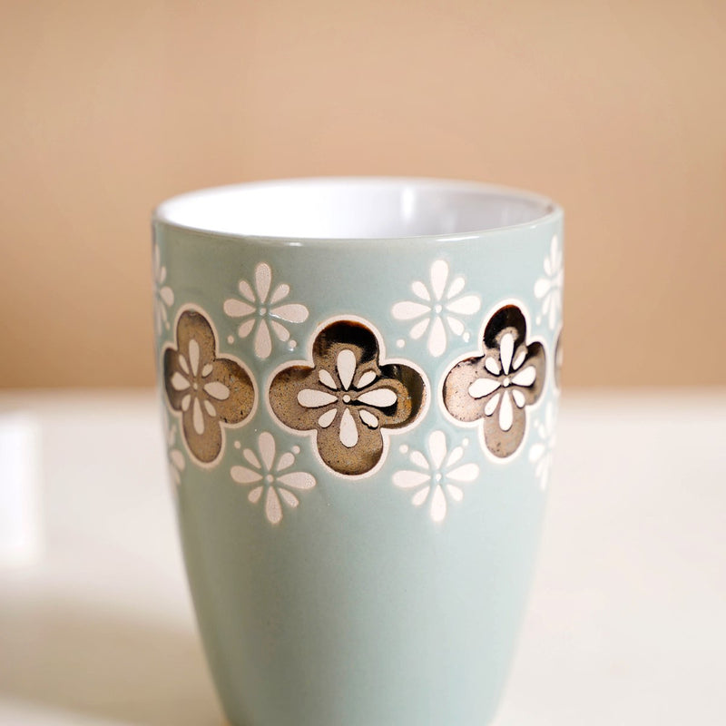 Bronze Flowers Sage Blue Coffee Mug Set Of 6 350ml - Coffee mugs, ceramic mug set, coffee mug set