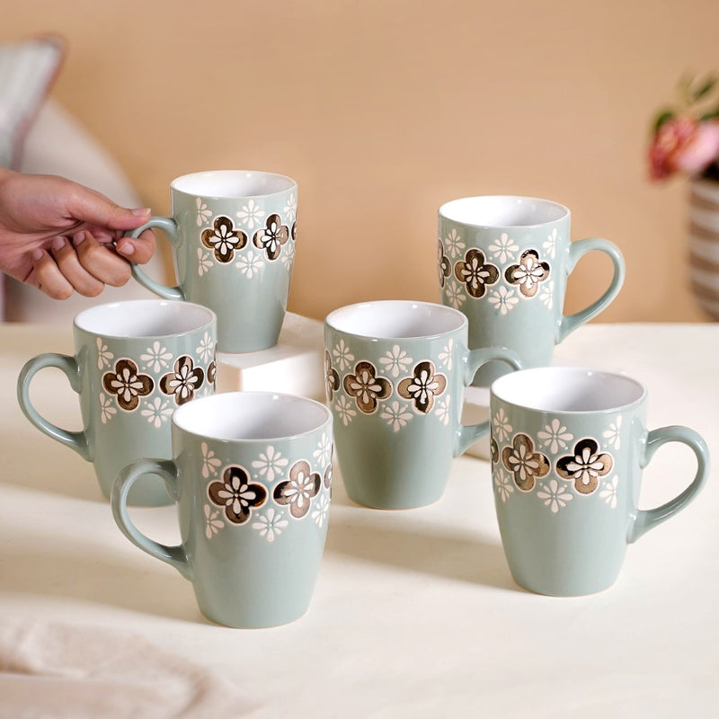 Bronze Flowers Sage Blue Coffee Mug Set Of 6 350ml - Coffee mugs, ceramic mug set, coffee mug set