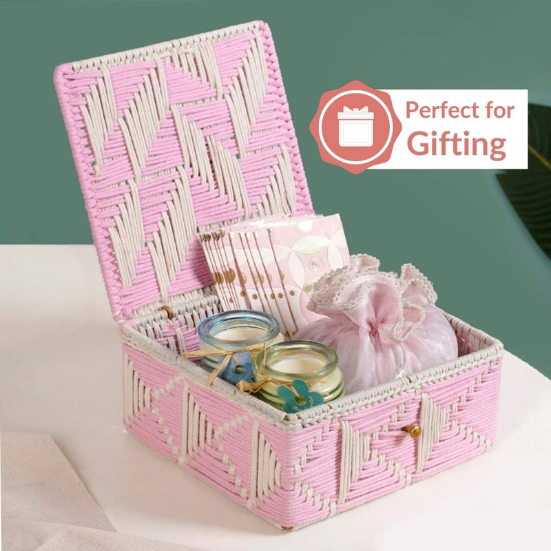 Multipurpose Handwoven Storage Basket Pink And White