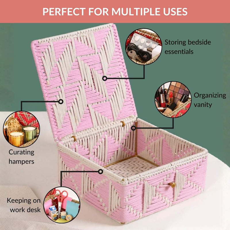 Multipurpose Handwoven Storage Basket Pink And White