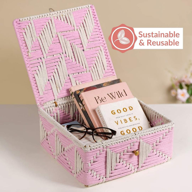 Multipurpose Handwoven Storage Basket Pink And White