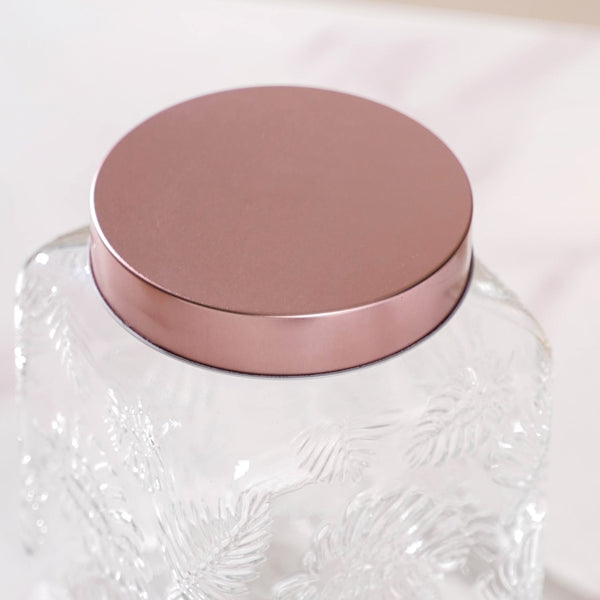 Set Of 4 Monstera Leaf Glass Jar With Rose Gold Lid 1500ml