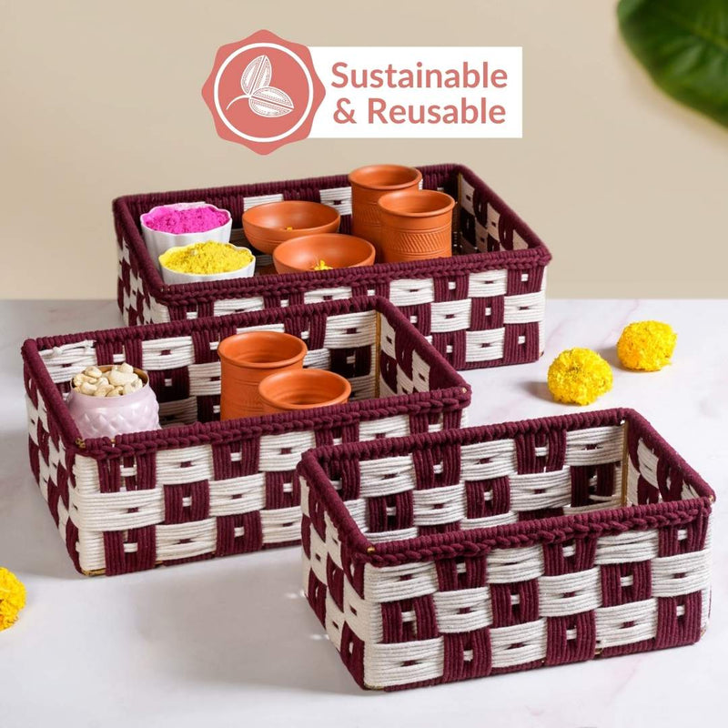 Multipurpose Storage Basket Set Of 3 Burgundy