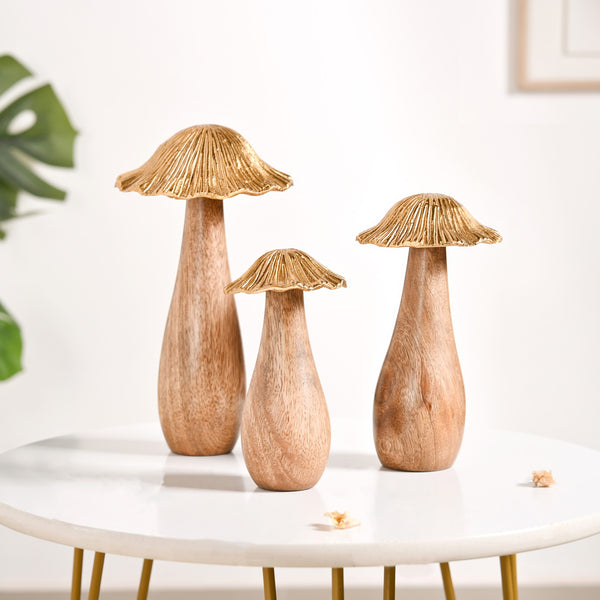 Gold Mushrooms Wooden Decor Showpieces Set Of 3