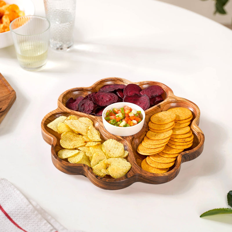 Cosmos 3 Section Snack Platter With Dip Bowl - Compartment plate, snack platter, wooden snack platter, serving platter, charcuterie platter
