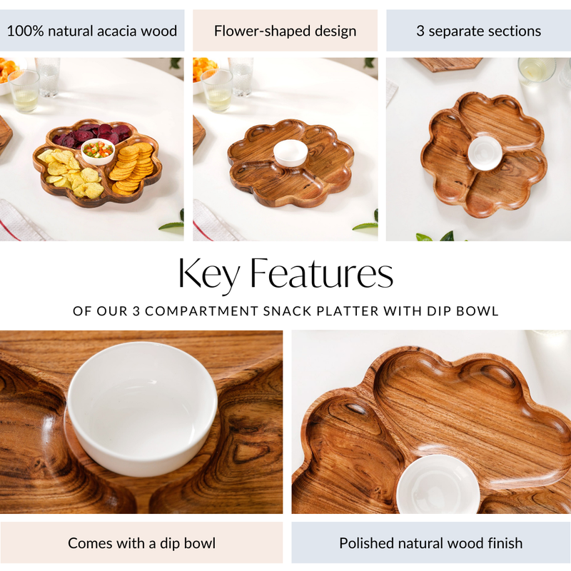 Cosmos 3 Section Snack Platter With Dip Bowl - Compartment plate, snack platter, wooden snack platter, serving platter, charcuterie platter