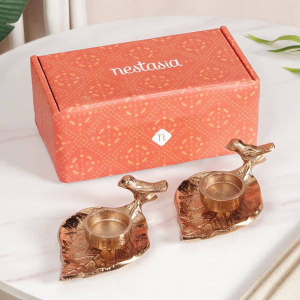 NestGlow Bird Leaf Tealight Candle Holder Set Of 2 Rose Gold