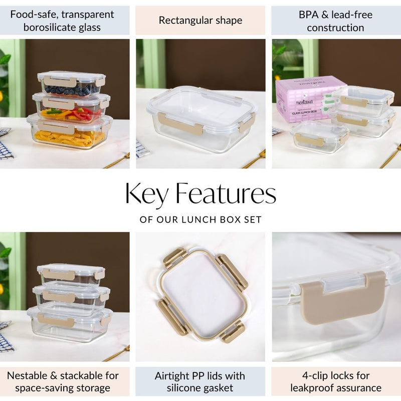 Nestro Leakproof Rectangular Food Storage Box Set Of 3 Beige