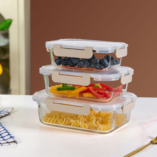 Nestro Leakproof Rectangular Food Storage Box Set Of 3 Beige