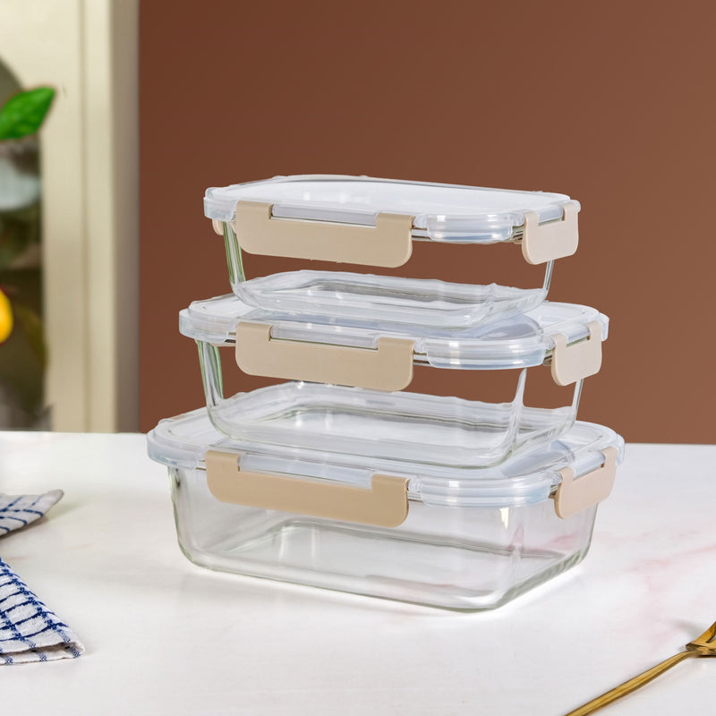 Nestro Leakproof Rectangular Food Storage Box Set Of 3 Beige