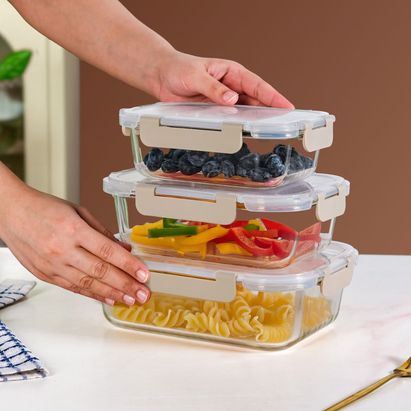 Nestro Leakproof Rectangular Food Storage Box Set Of 3 Beige