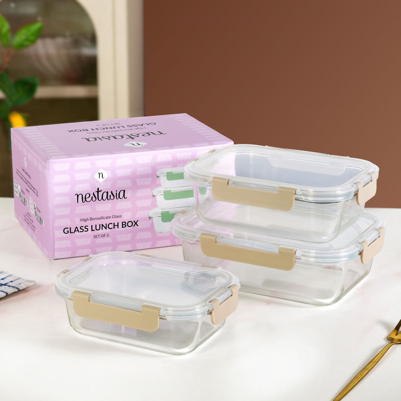 Nestro Leakproof Rectangular Food Storage Box Set Of 3 Beige