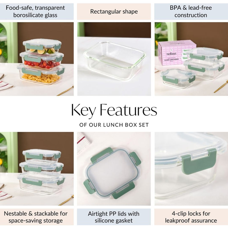 Nestro Leakproof Rectangular Food Storage Box Set Of 3 Green