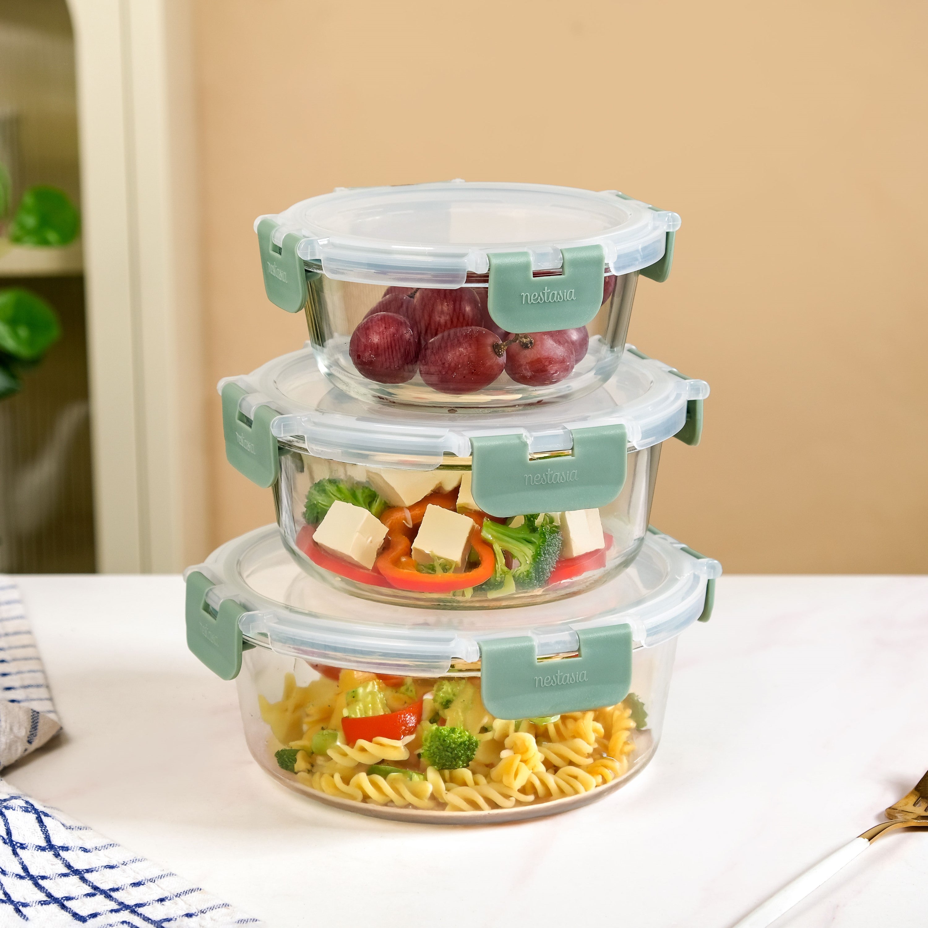 Nestro Pro Spill Proof Food Containers Set Of 3 Round Sage Green 400ml ...